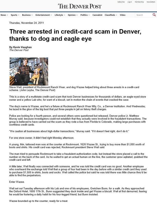 The Denver Post - Three Arrested in Credit-Card Scam in Denver, Thanks to Dog and Eagle Eye