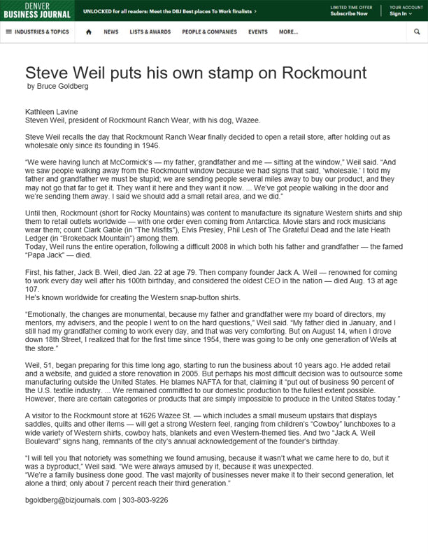 Denver Business Journal - Steve Weil Puts His Own Stamp on Rockmount