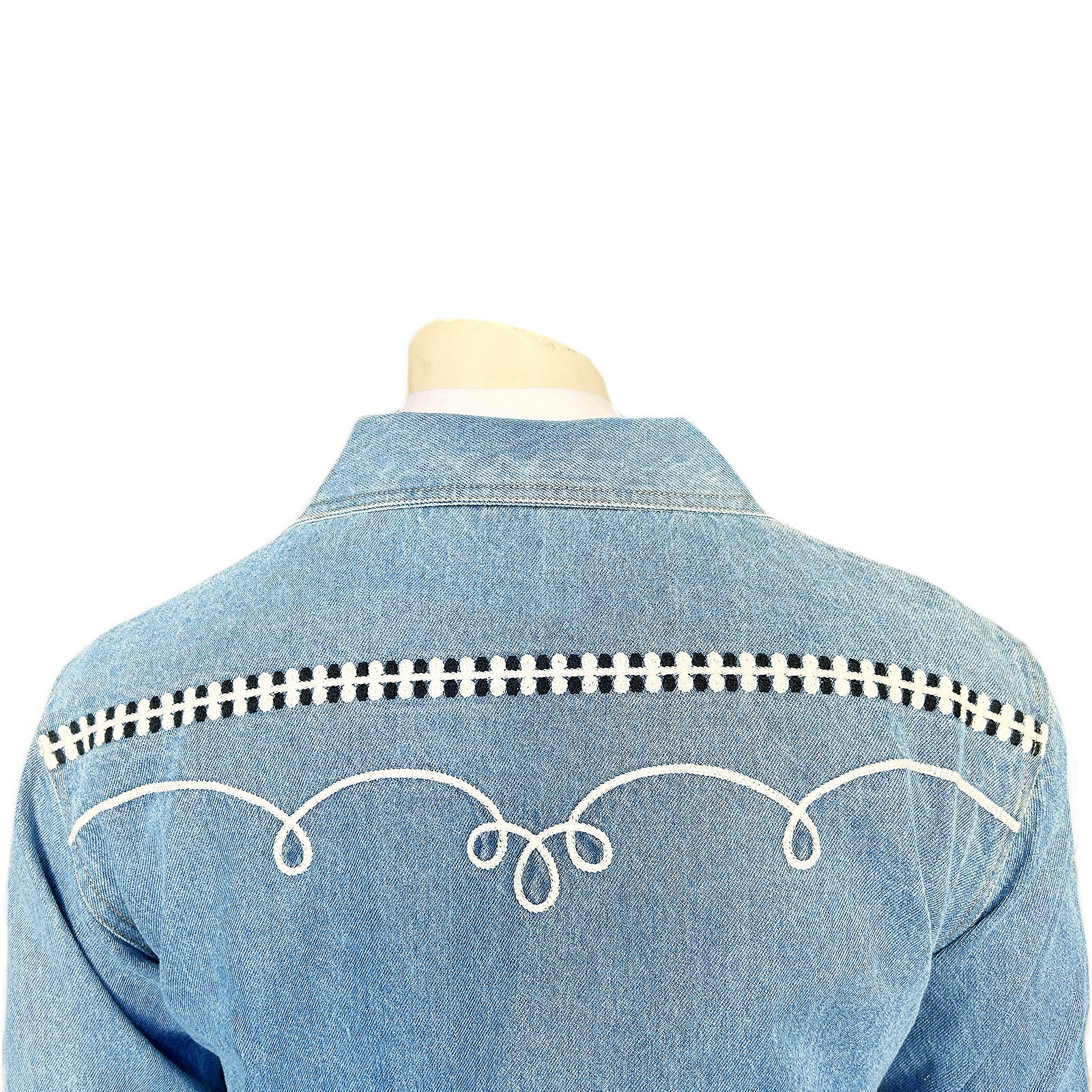 Men's Vintage Western Denim Bolero Jacket with White Rope Embroidery