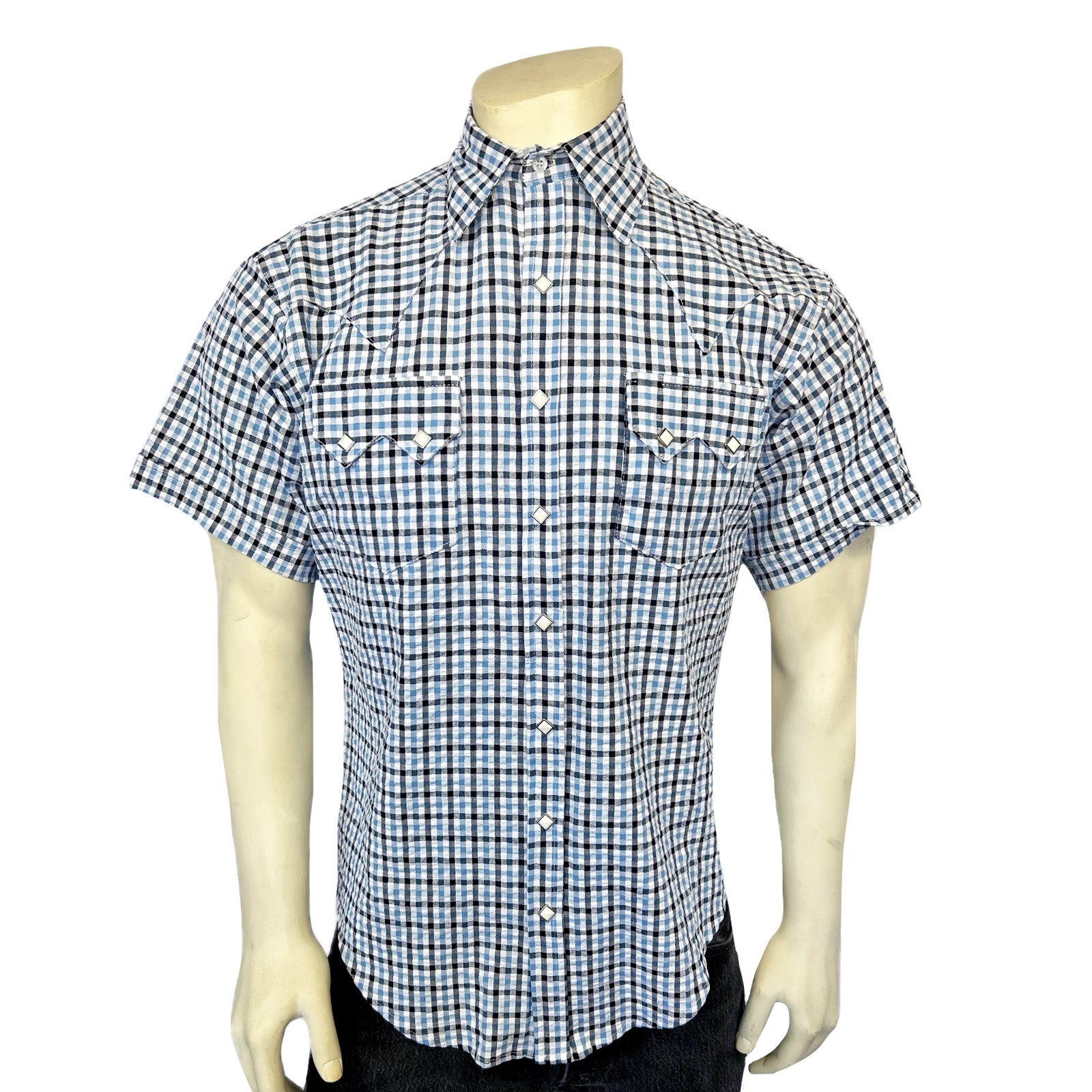 Men's Blue Seersucker Windowpane Check Short Sleeve Western Shirt