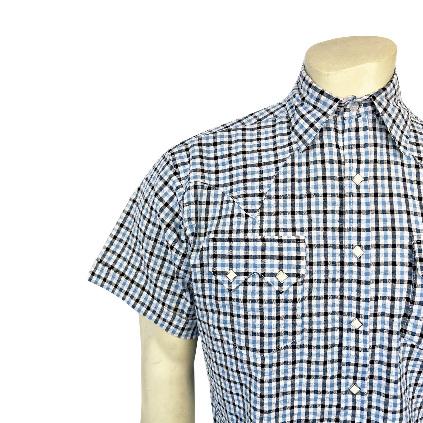 Men's Blue Seersucker Windowpane Check Short Sleeve Western Shirt
