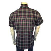 Men's Short Sleeve Shadow Plaid Dobby Lurex Western Shirt in Black