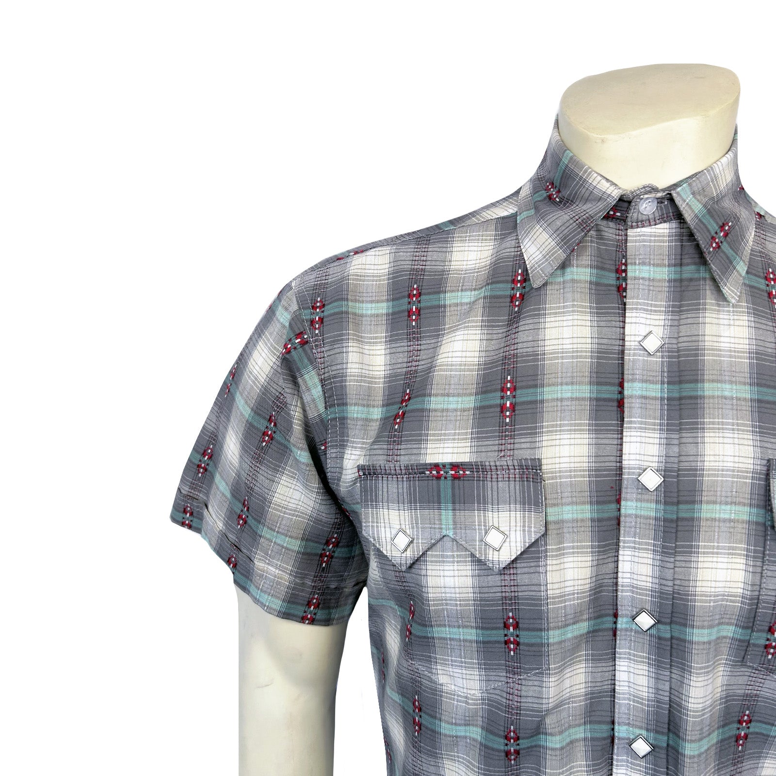 Men's Short Sleeve Shadow Plaid Dobby Lurex Western Shirt in Grey