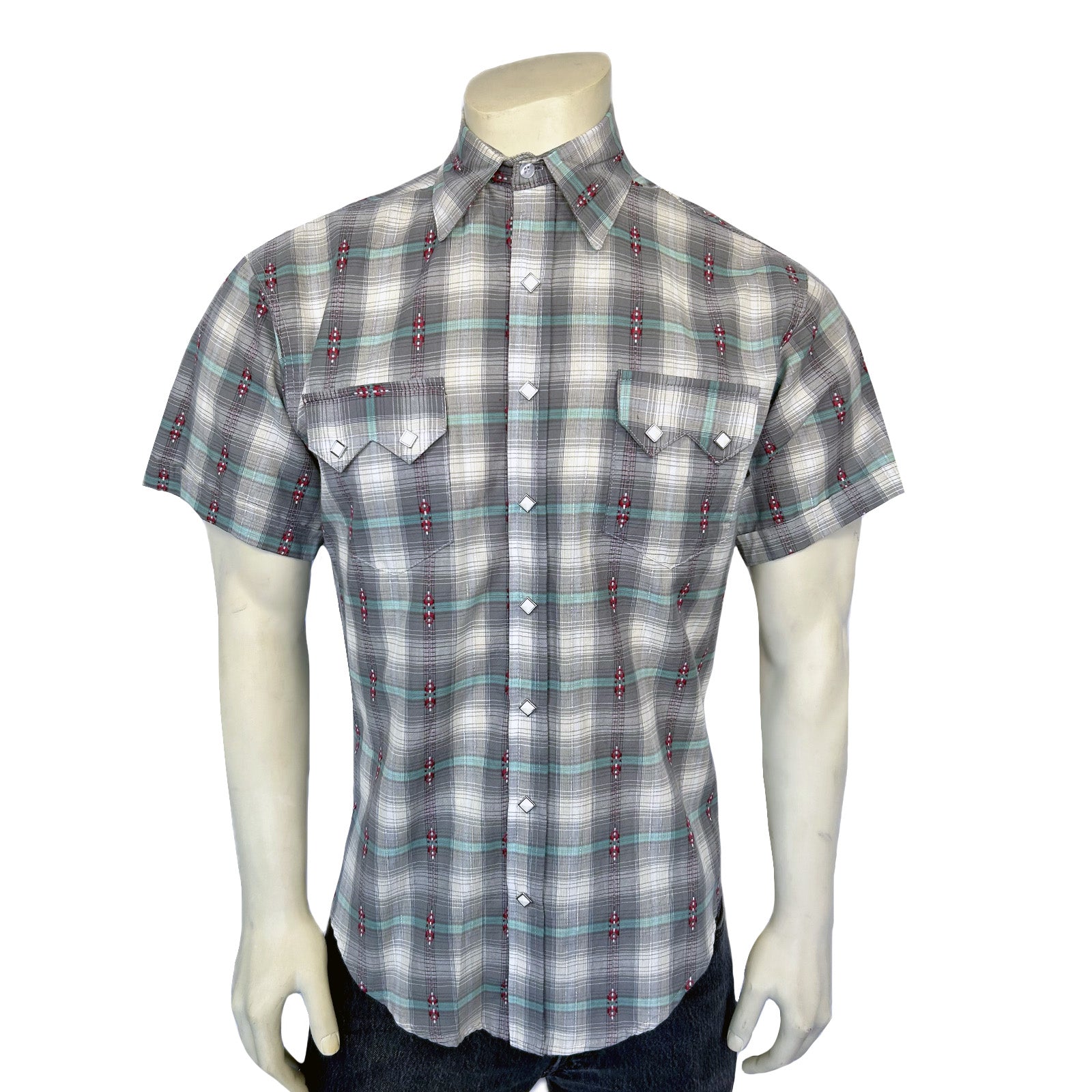 Men's Short Sleeve Shadow Plaid Dobby Lurex Western Shirt in Grey