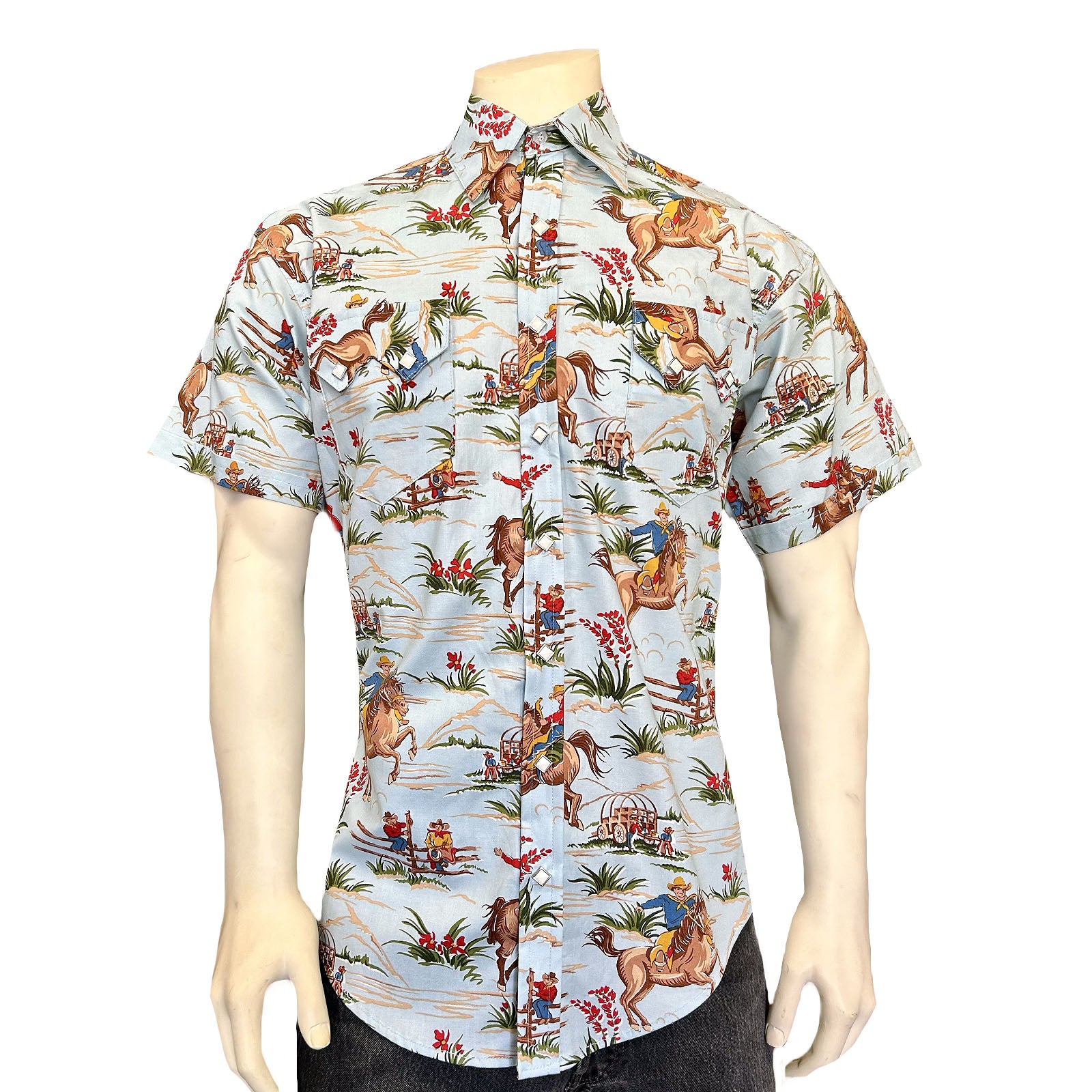 Men’s Vintage Western Print Light Blue Short Sleeve Shirt