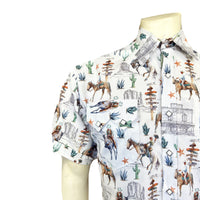 Men’s White Cactus & Cowboys Print Short Sleeve Western Shirt