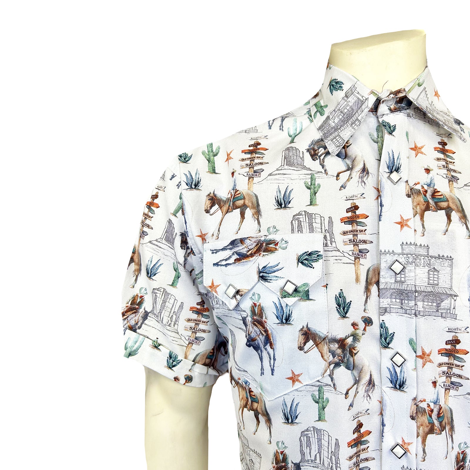 Men’s White Cactus & Cowboys Print Short Sleeve Western Shirt