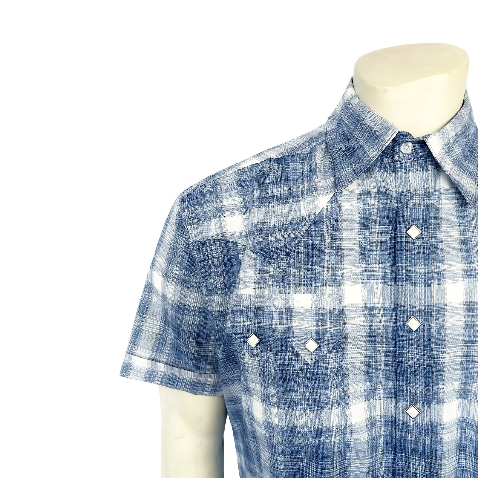 Men's Blue Short Sleeve Shadow Plaid Western Shirt