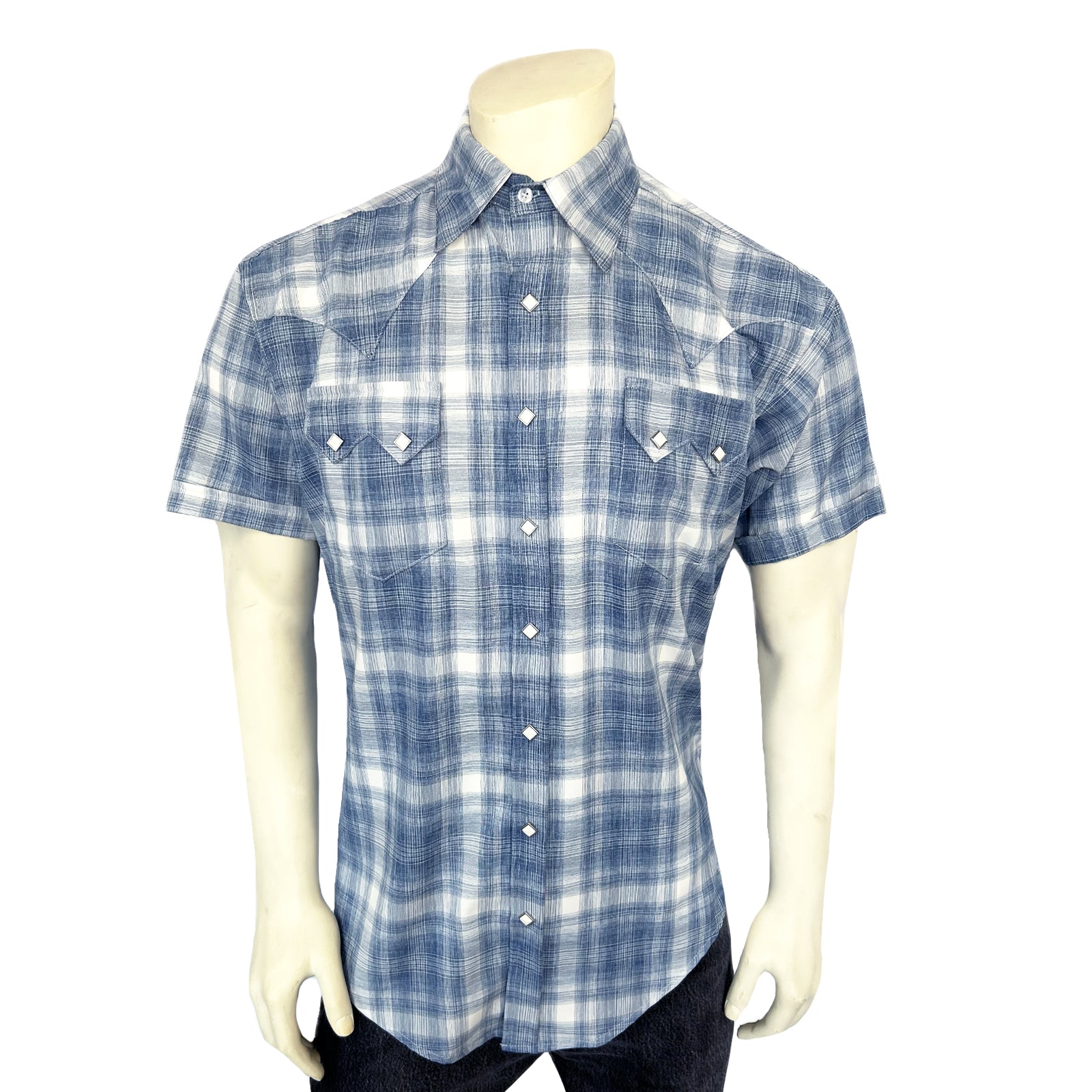 Men's Blue Short Sleeve Shadow Plaid Western Shirt