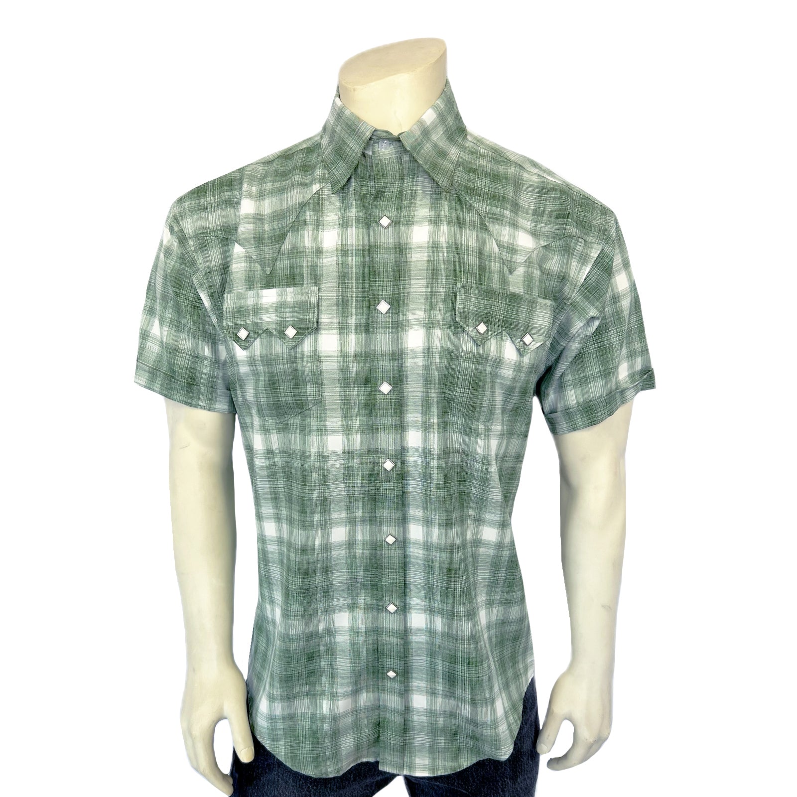 Men's Green Short Sleeve Shadow Plaid Western Shirt