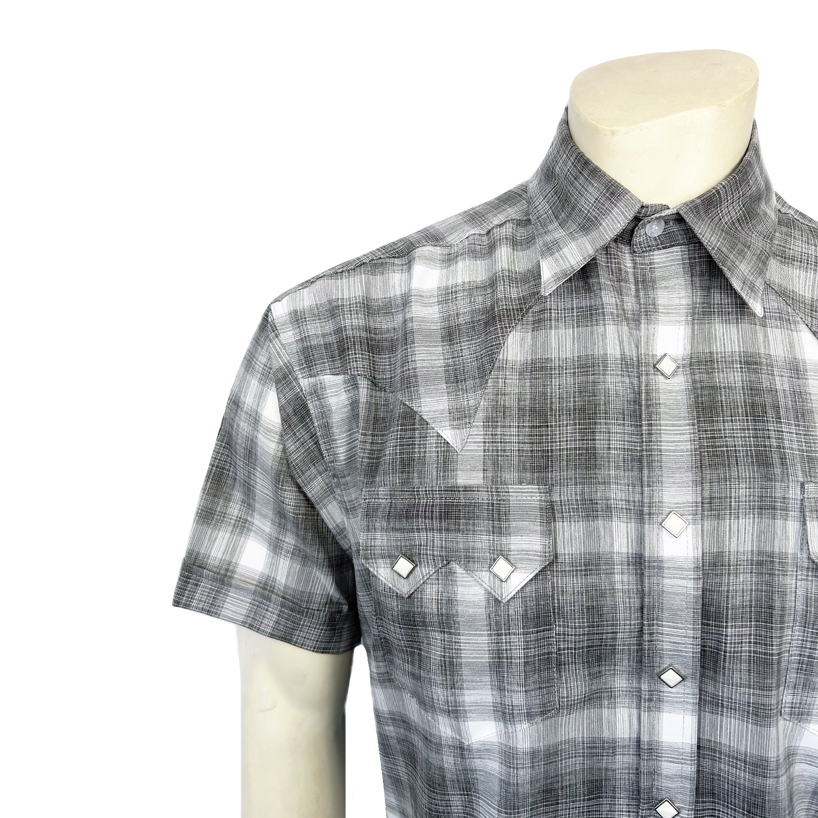 Men's Grey Short Sleeve Shadow Plaid Western Shirt