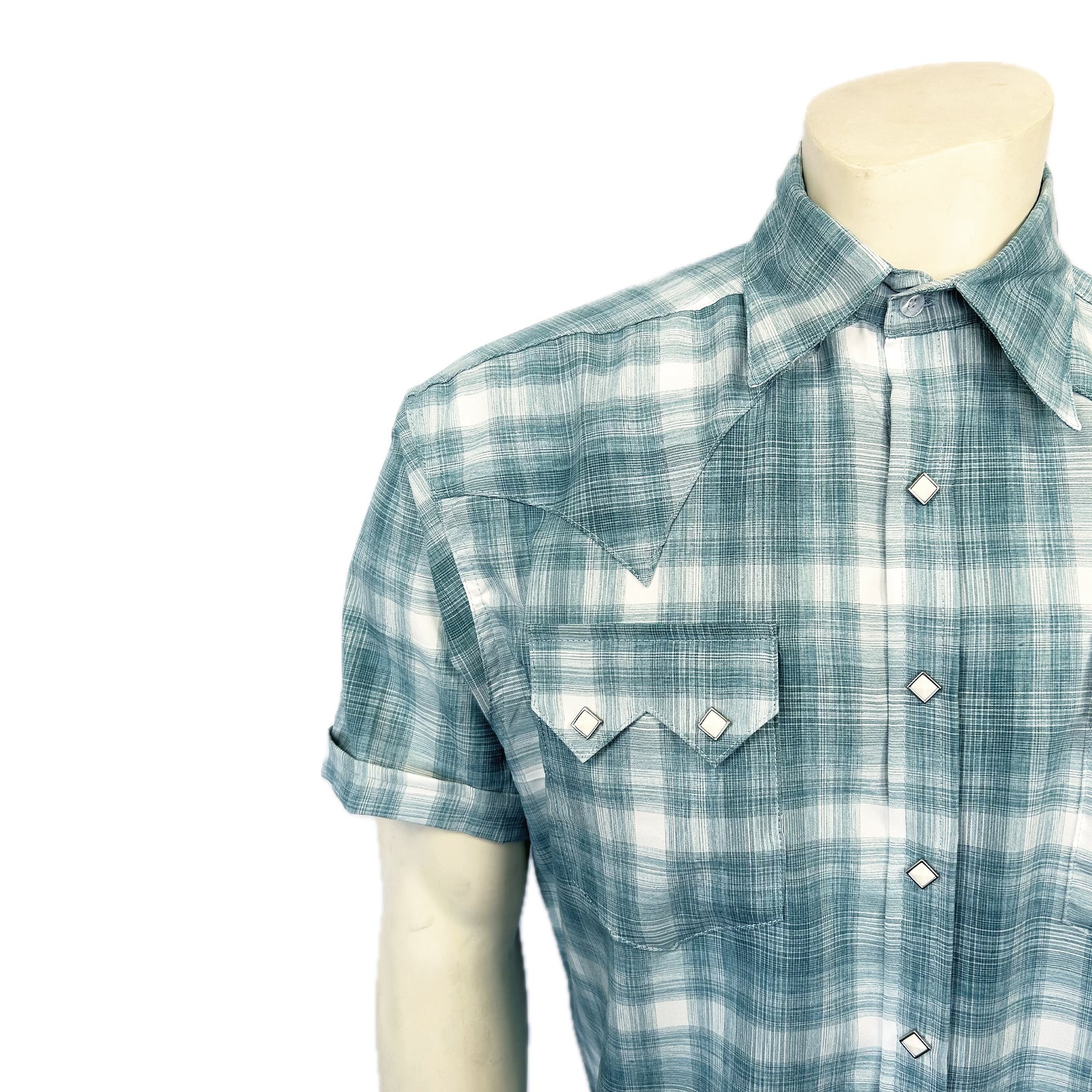 Men's Teal Short Sleeve Shadow Plaid Western Shirt