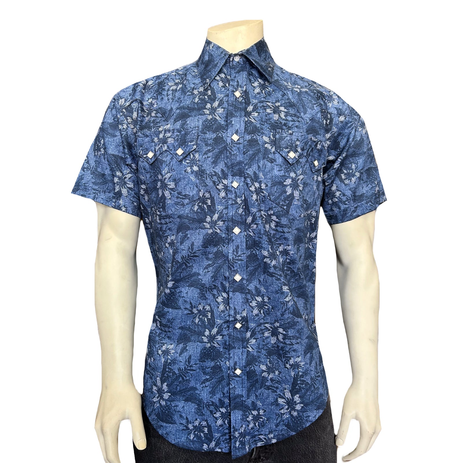 Men’s Blue Floral Print Short Sleeve Western Shirt