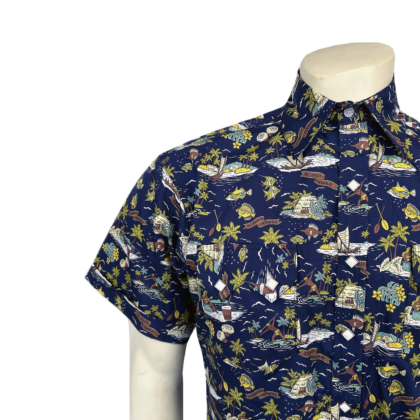 Men’s Short Sleeve Hawaiian Print Western Shirt in Blue