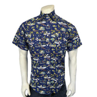 Men’s Short Sleeve Hawaiian Print Western Shirt in Blue