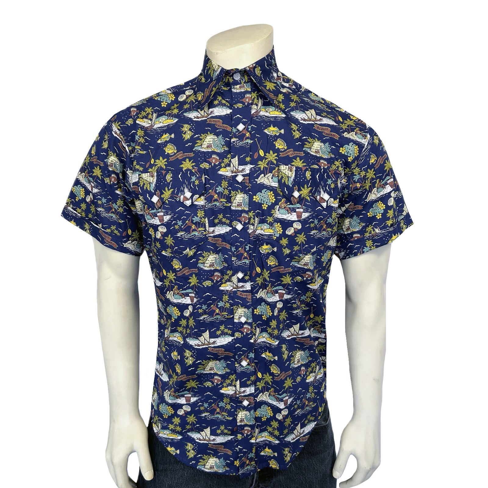 Men’s Short Sleeve Hawaiian Print Western Shirt in Blue