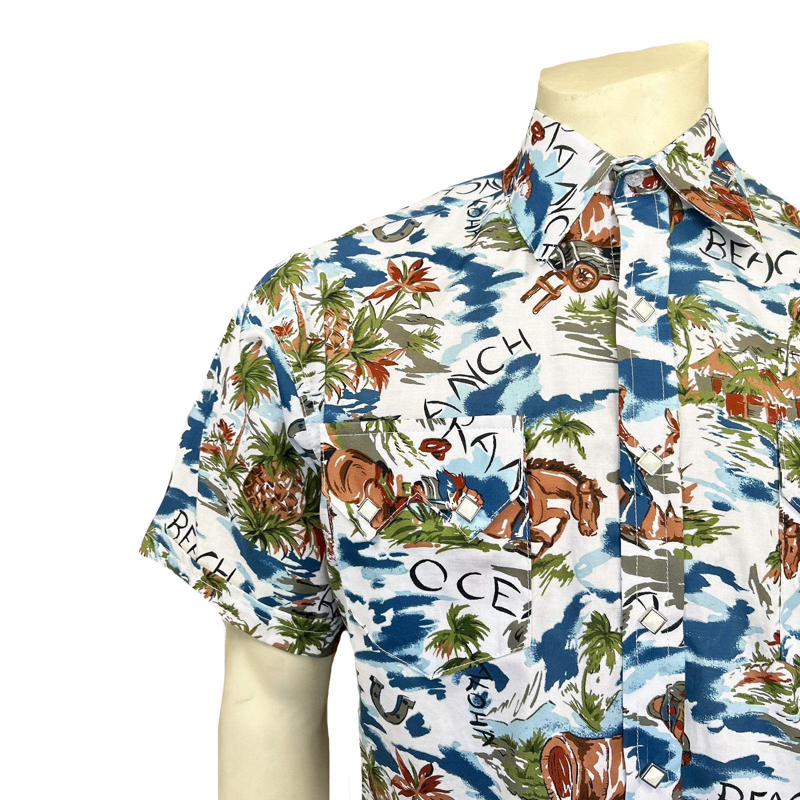 Men’s Blue Western Hawaiian Print Short Sleeve Shirt