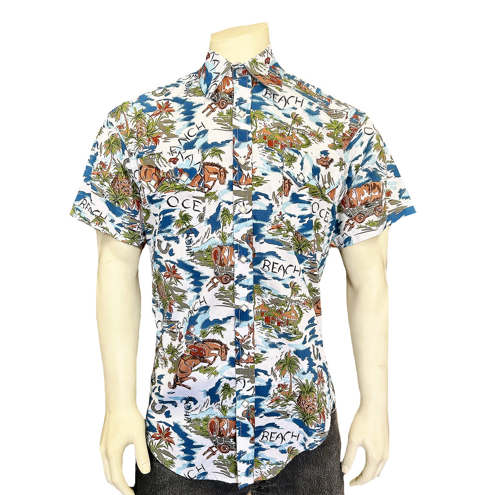 Men’s Blue Western Hawaiian Print Short Sleeve Shirt