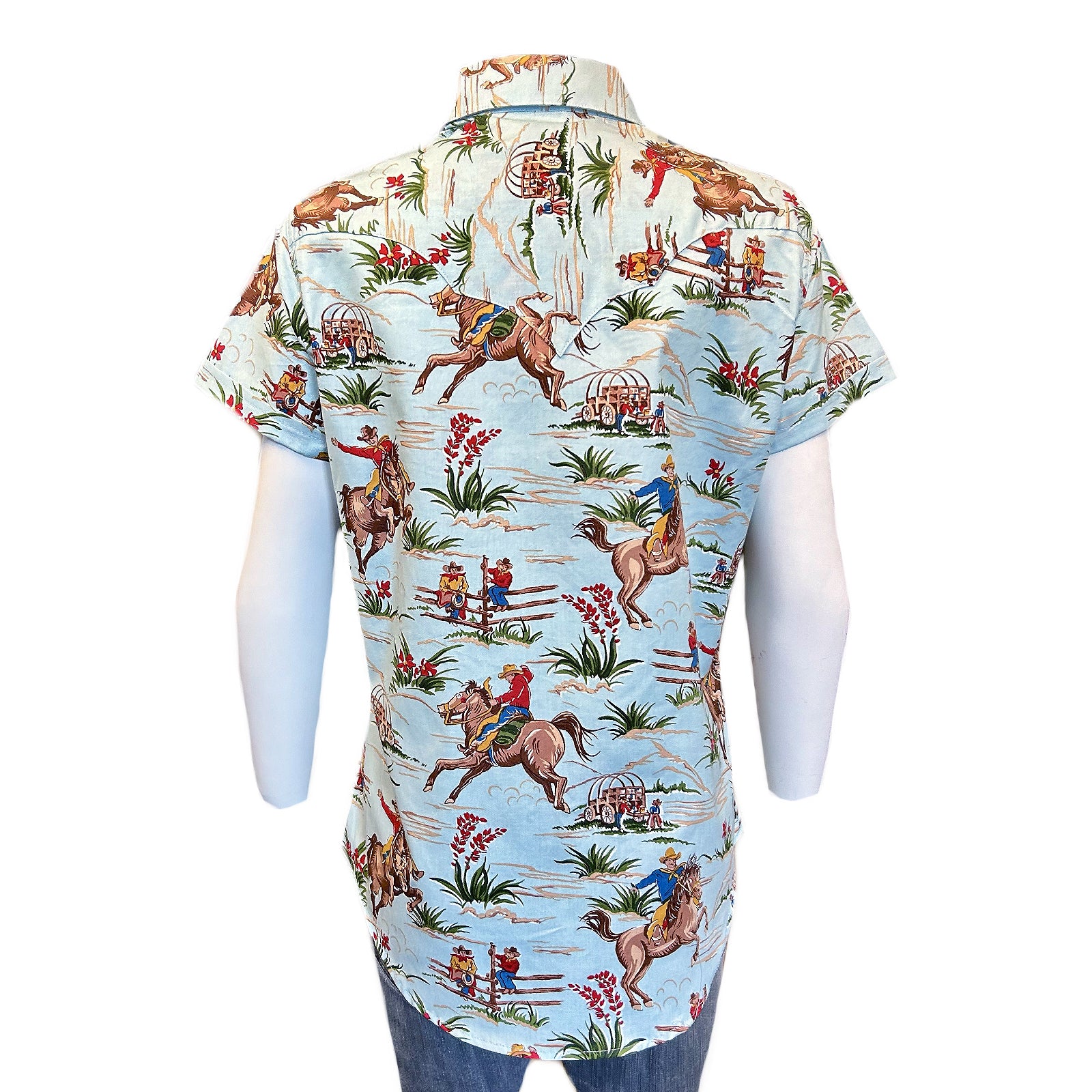Women’s Vintage Light Blue Short Sleeve Print Western Shirt