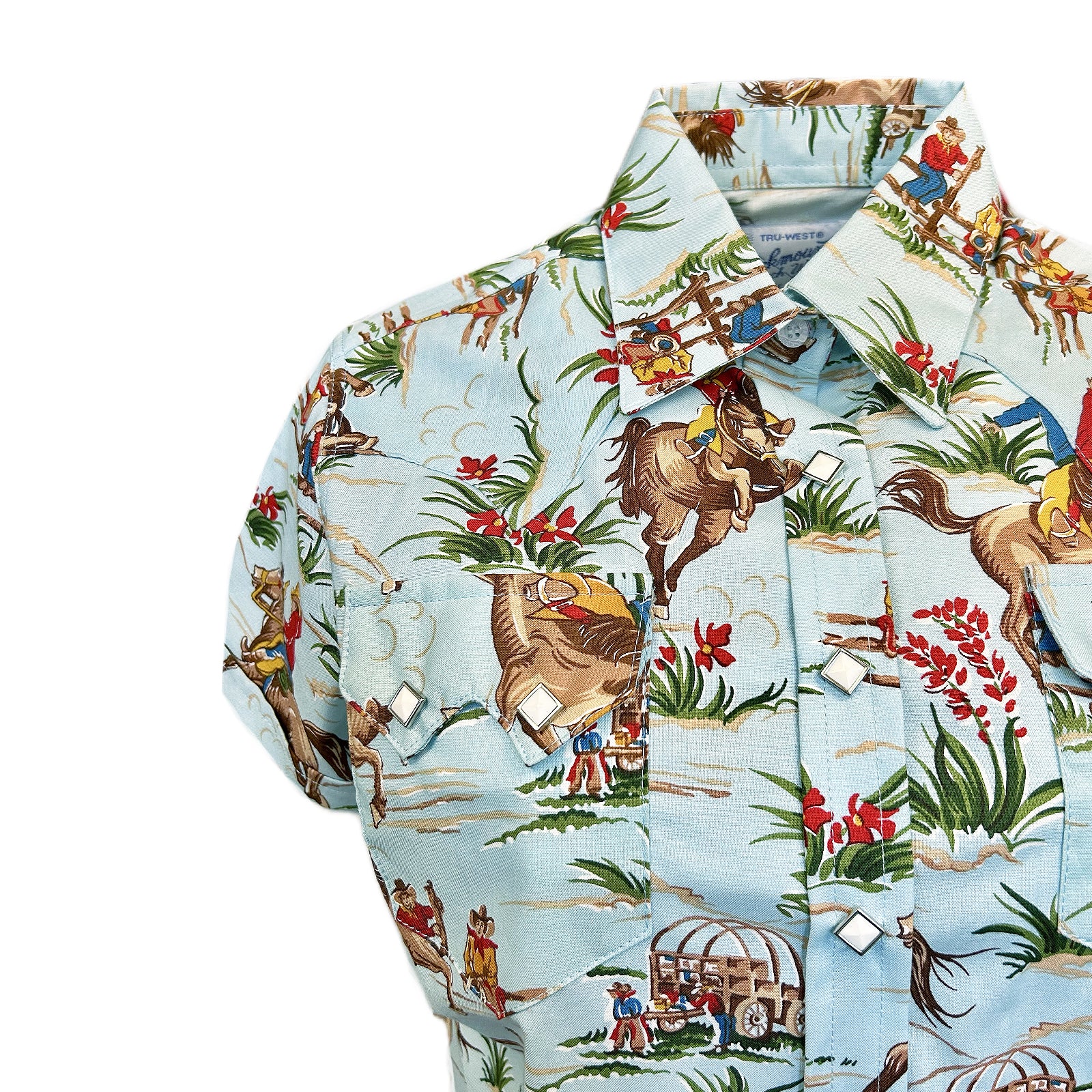 Women’s Vintage Light Blue Short Sleeve Print Western Shirt