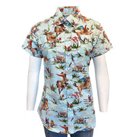 Women’s Vintage Western Print Light Blue Short Sleeve Shirt