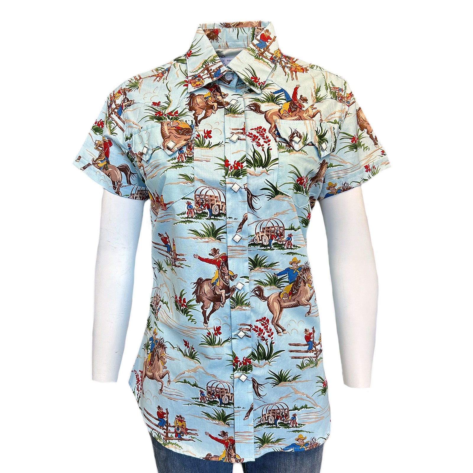 Women’s Vintage Light Blue Short Sleeve Print Western Shirt
