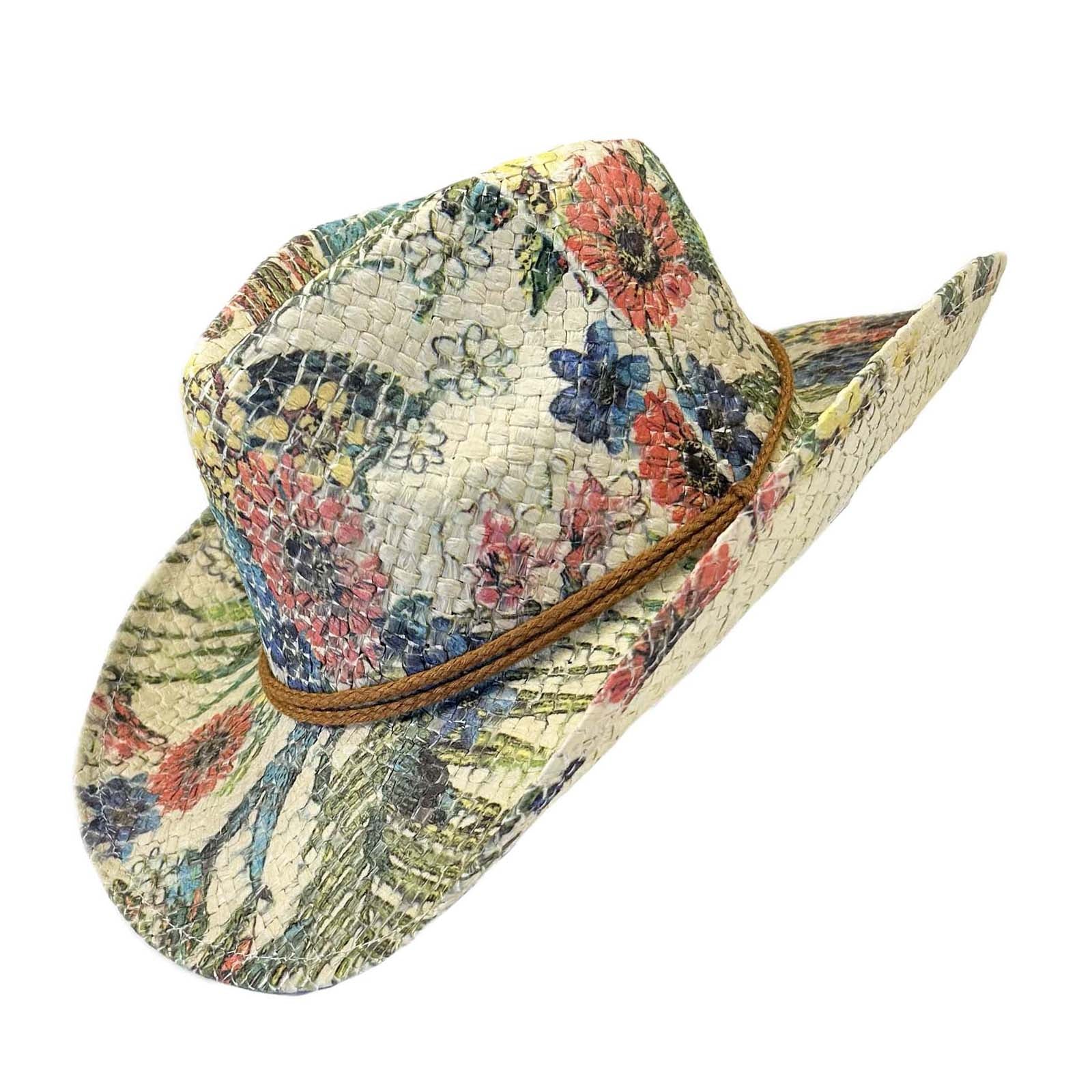 Floral Print Straw Western Hat with Chin Cord