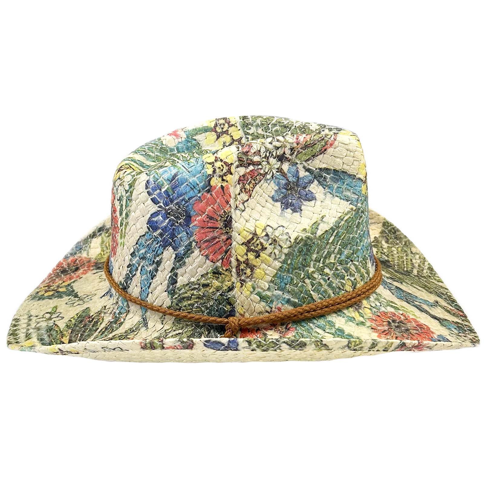 Floral Print Straw Western Hat with Chin Cord