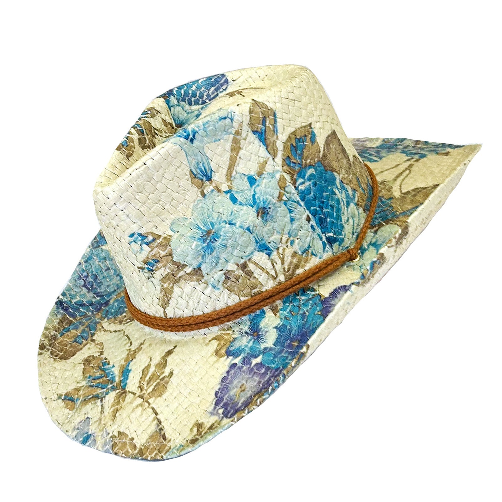 Floral Violet & Green Print Straw Western Hat