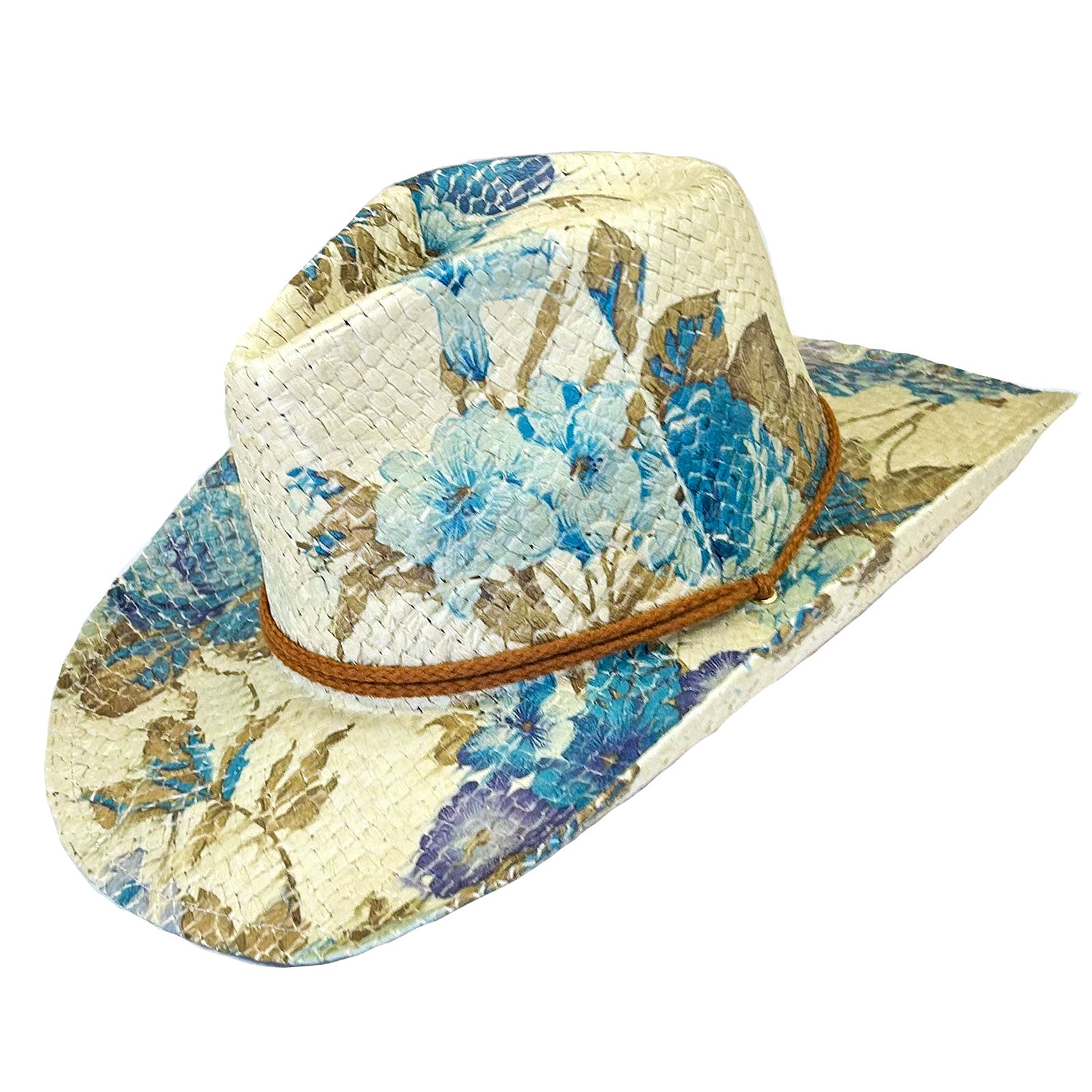 Floral Violet & Green Print Straw Western Hat