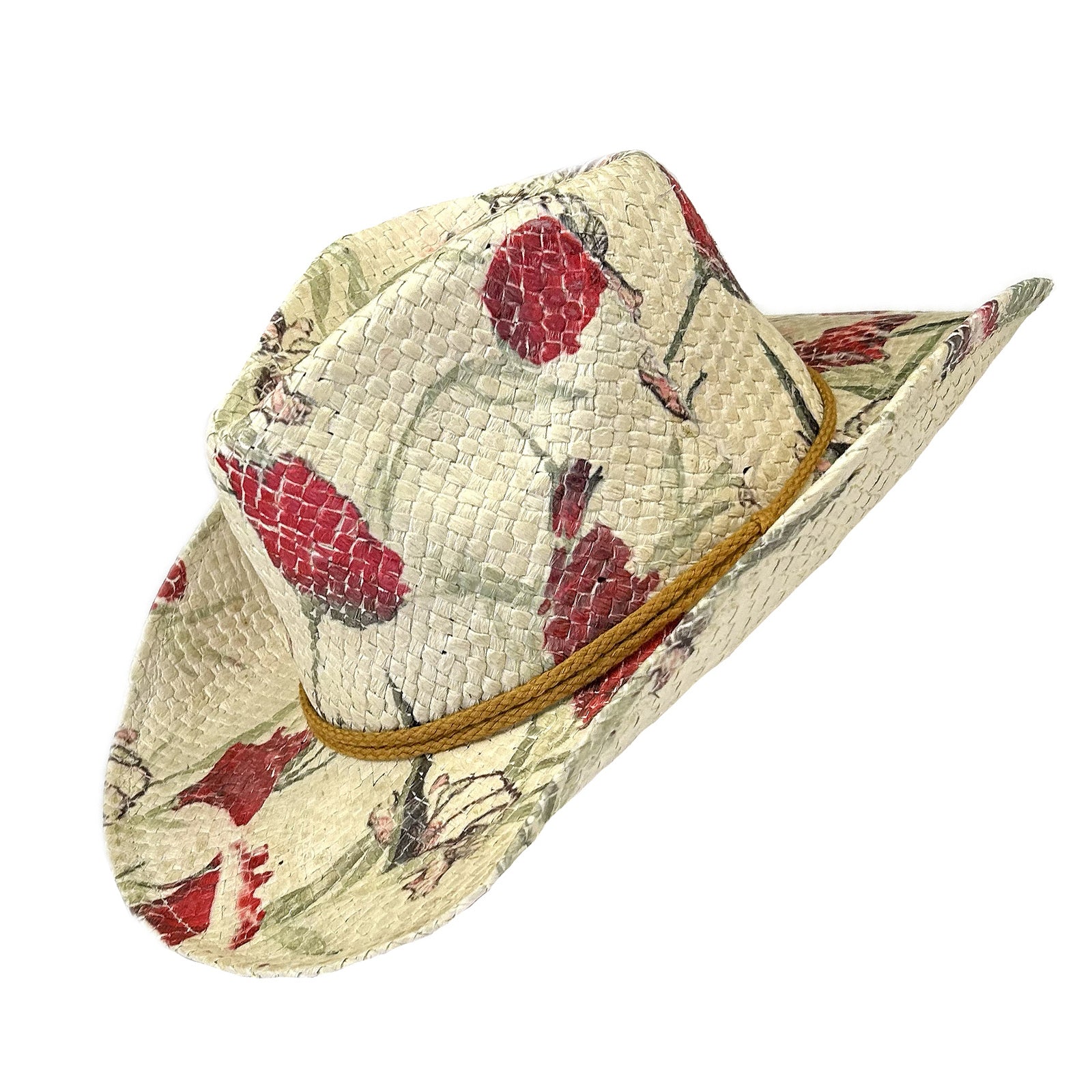 Floral Red & Green Print Straw Western Hat