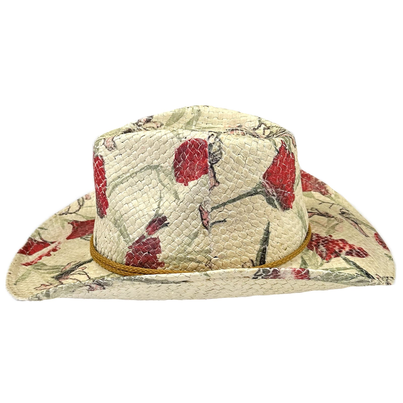 Floral Red & Green Print Straw Western Hat