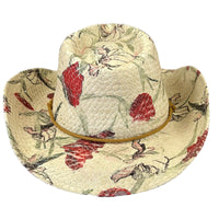Floral Red & Green Print Straw Western Hat