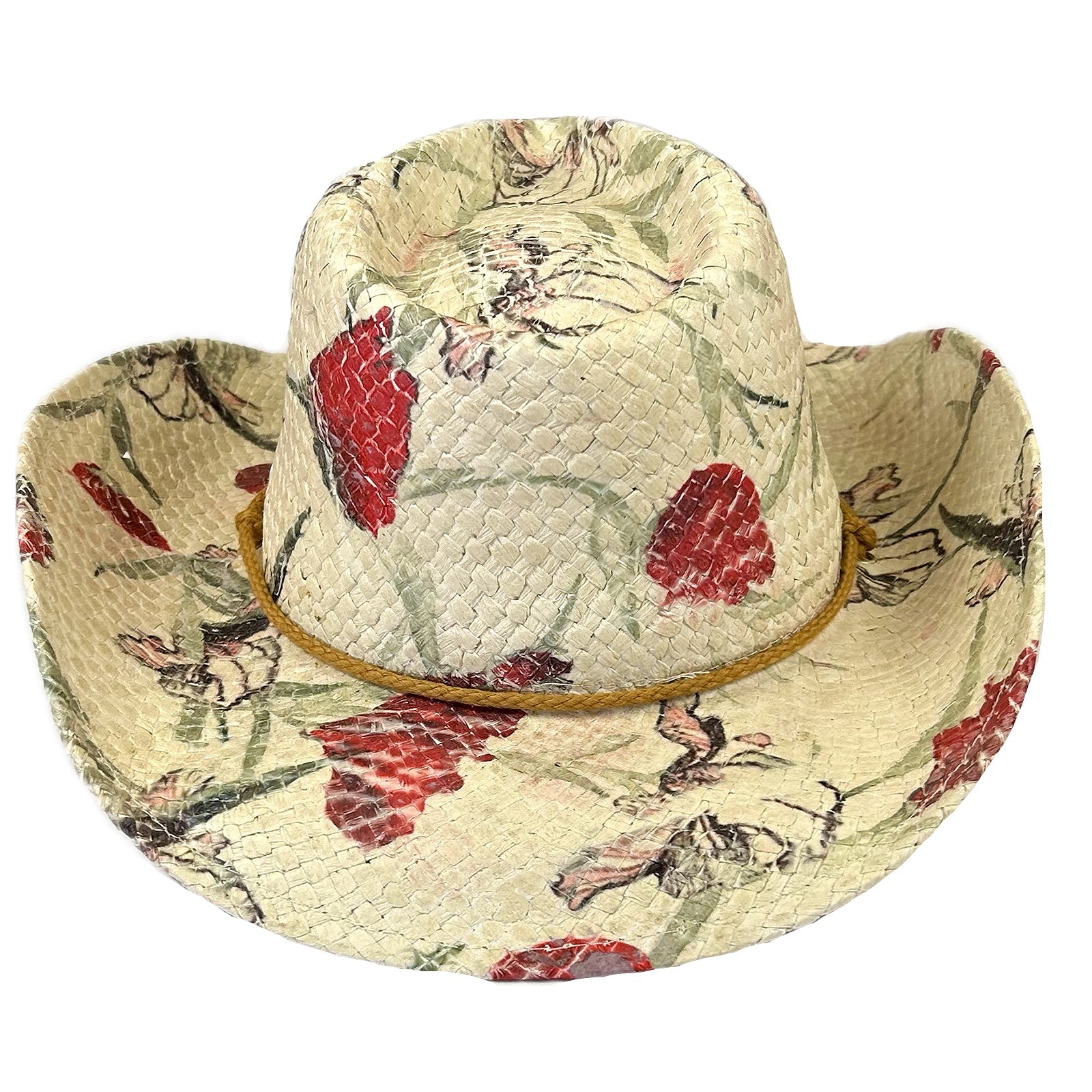Floral Red & Green Print Straw Western Hat