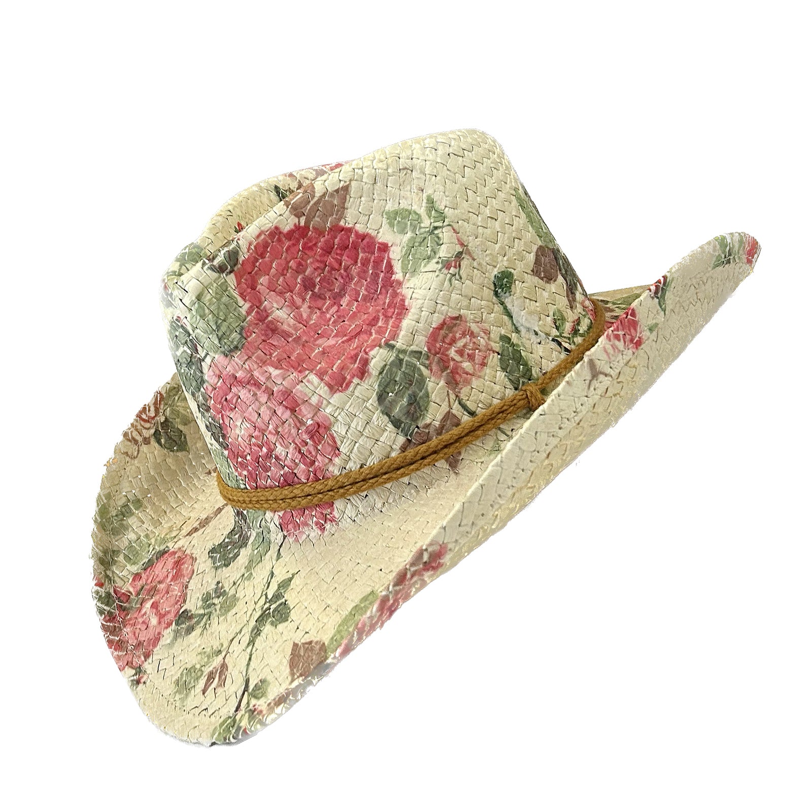 Floral Red & Green Print Straw Western Hat