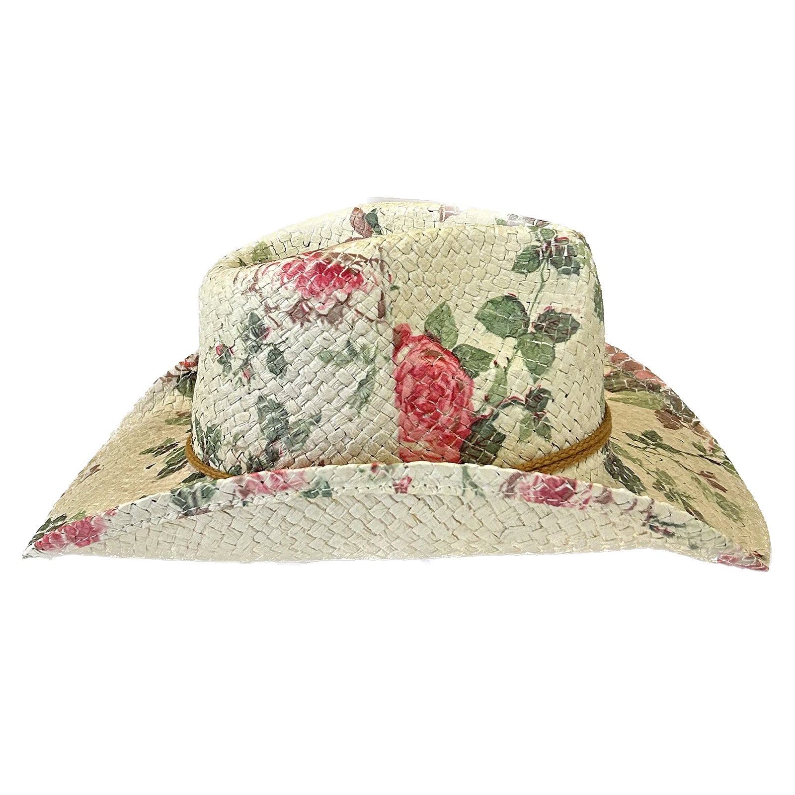 Floral Red & Green Print Straw Western Hat