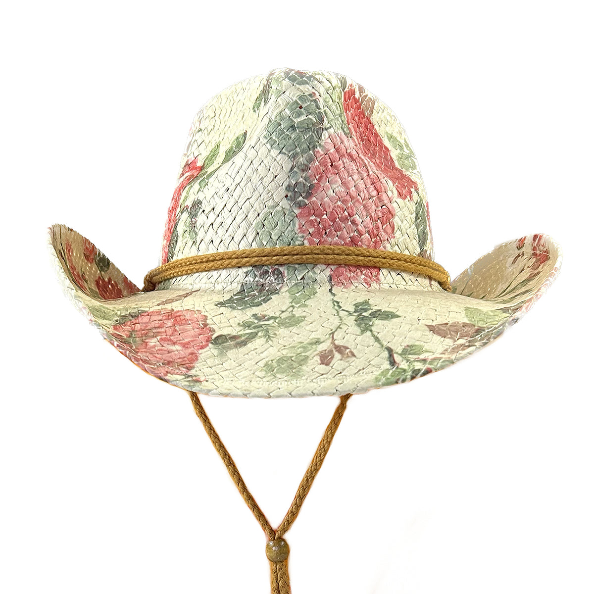Pink & Green Floral Print Straw Western Cowgirl Hat