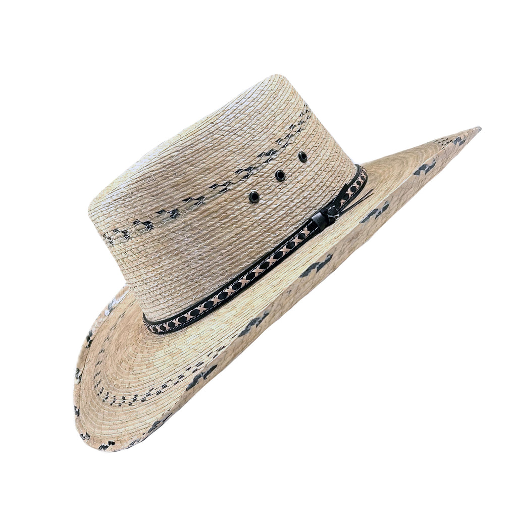 straw cowboy hat with orange and yellow chevron stripes and a leather chin cord Sonoma (Small) - Deadwood Trading | Natural Raffia Straw  main image 3