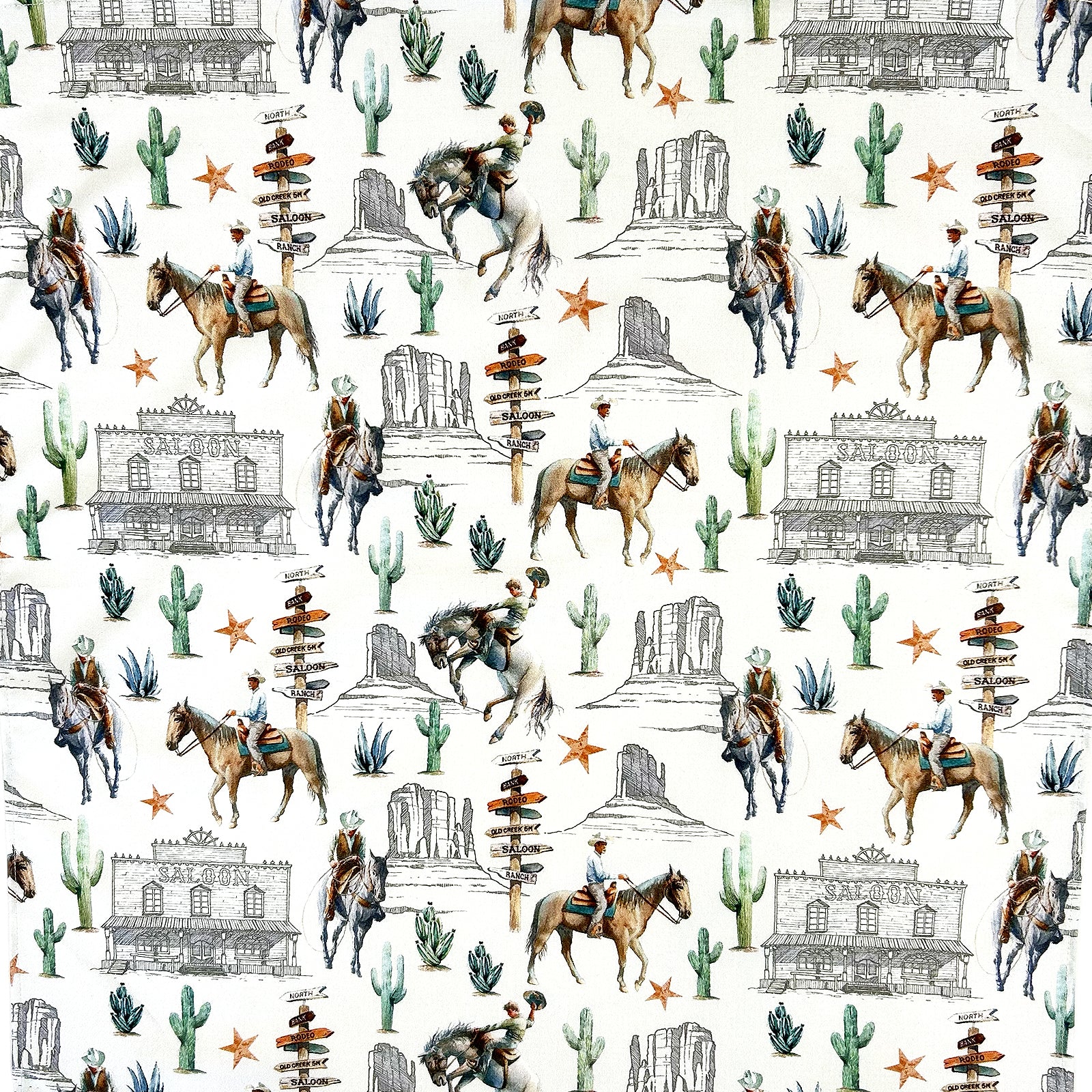 Cowboy Riders & Cactus Western Cotton Bandana in Ivory