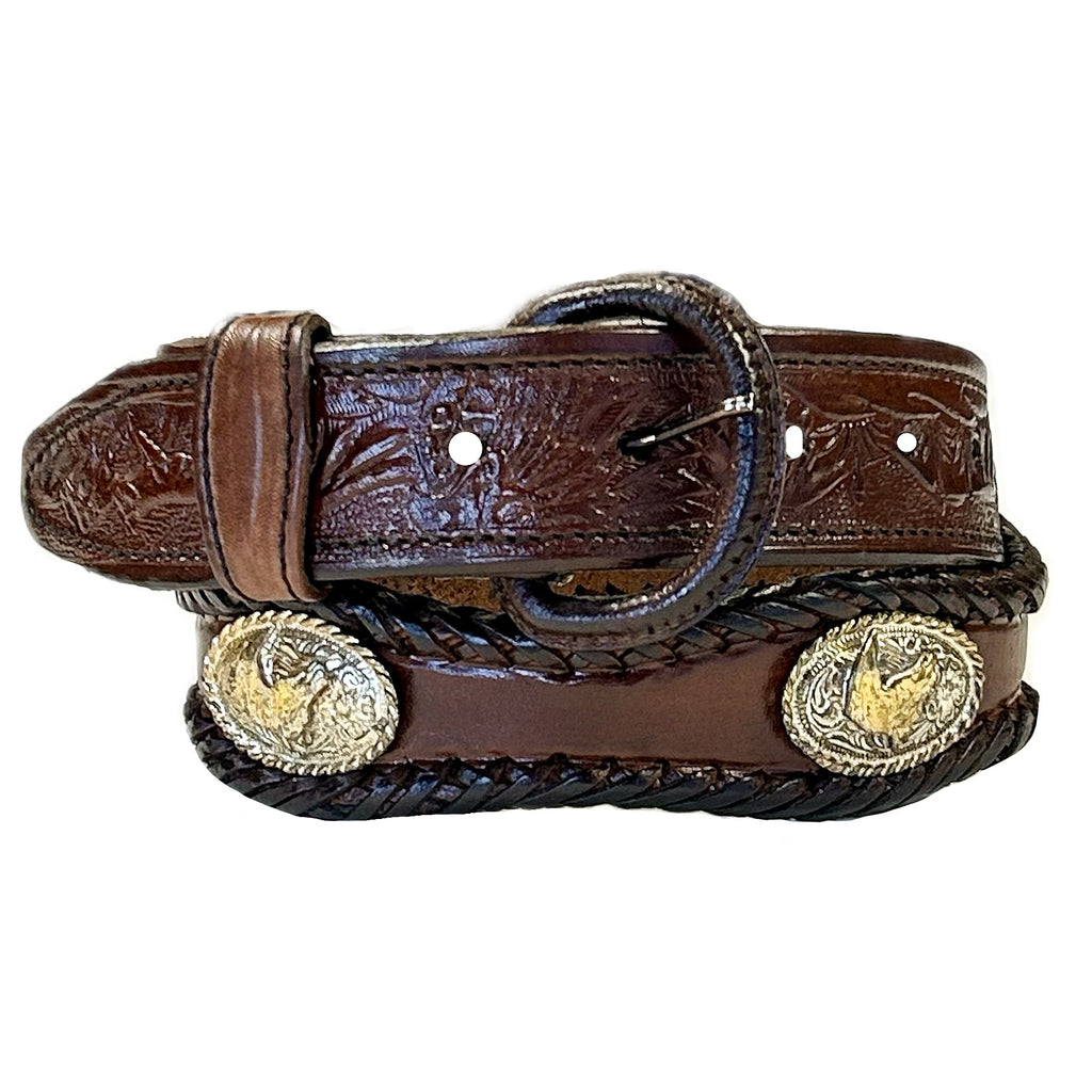 Brown Leather Western Tooled Belt Scallop Laced Edge  display picture 2