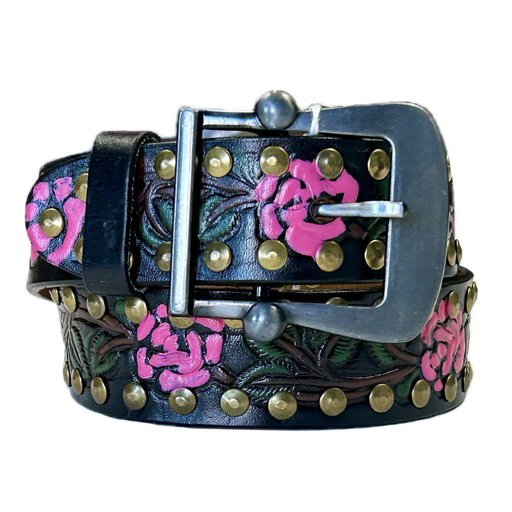 Rockmount Black Tooled Leather Belts with Pink Roses display picture 3