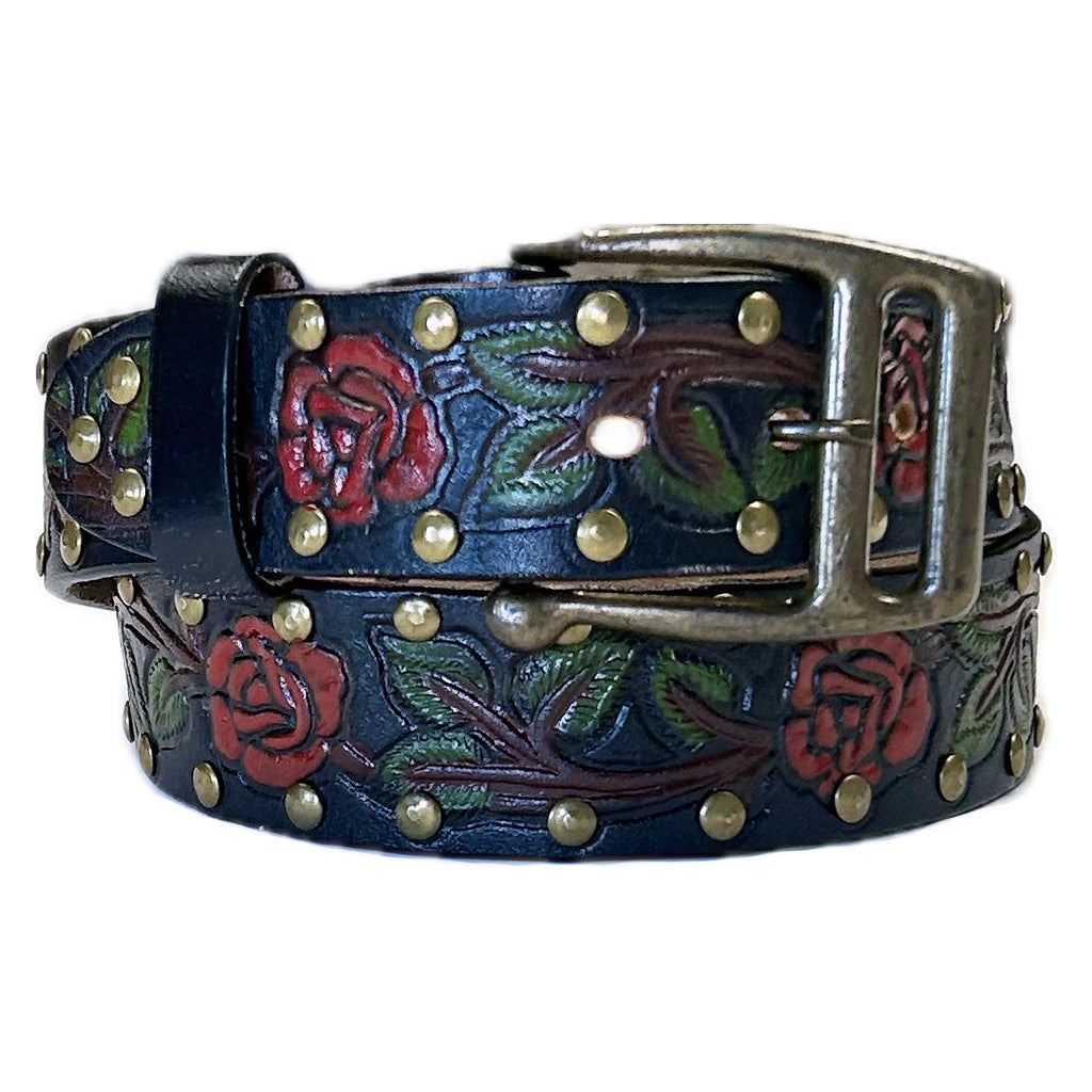 Rockmount Black Tooled Leather Belts with Red Roses