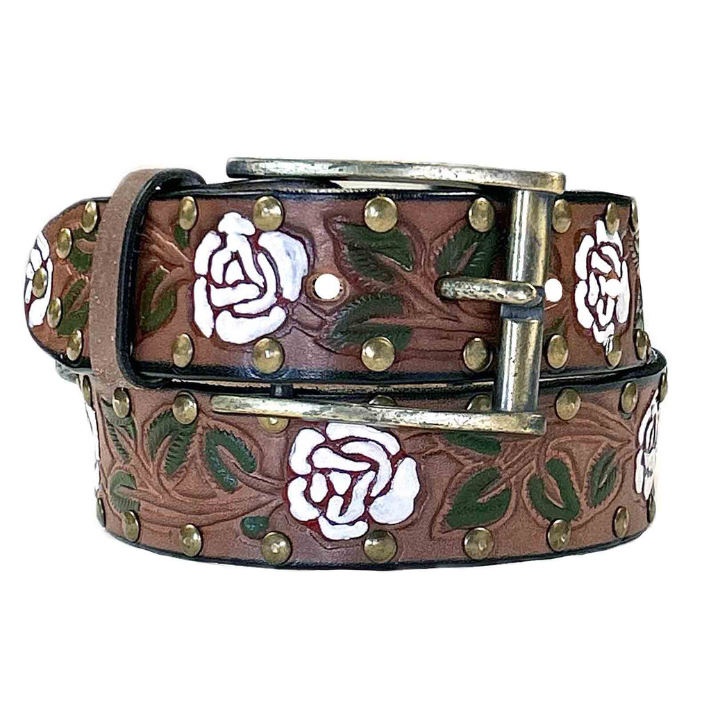 Rockmount Brown Tooled Leather Belts with White Roses display picture 1