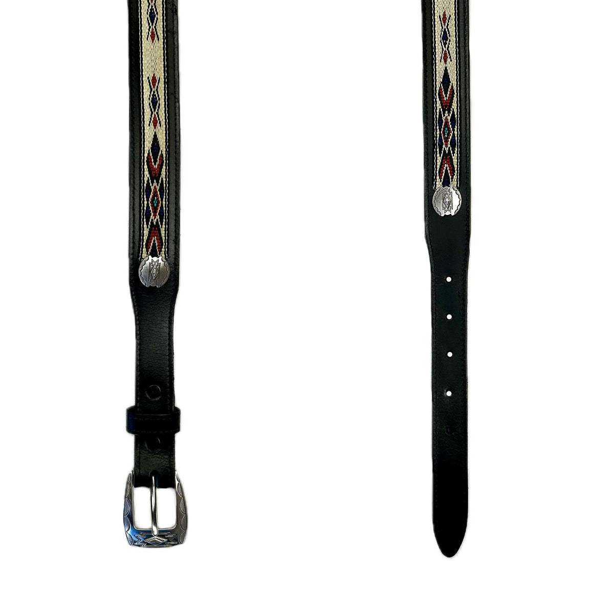 Black Tapered Native Ribbon Genuine Leather Western Belt with Conchos