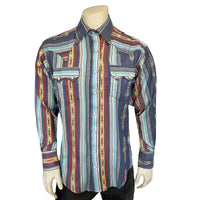 Men's Serape Pattern Western Shirt in Blue