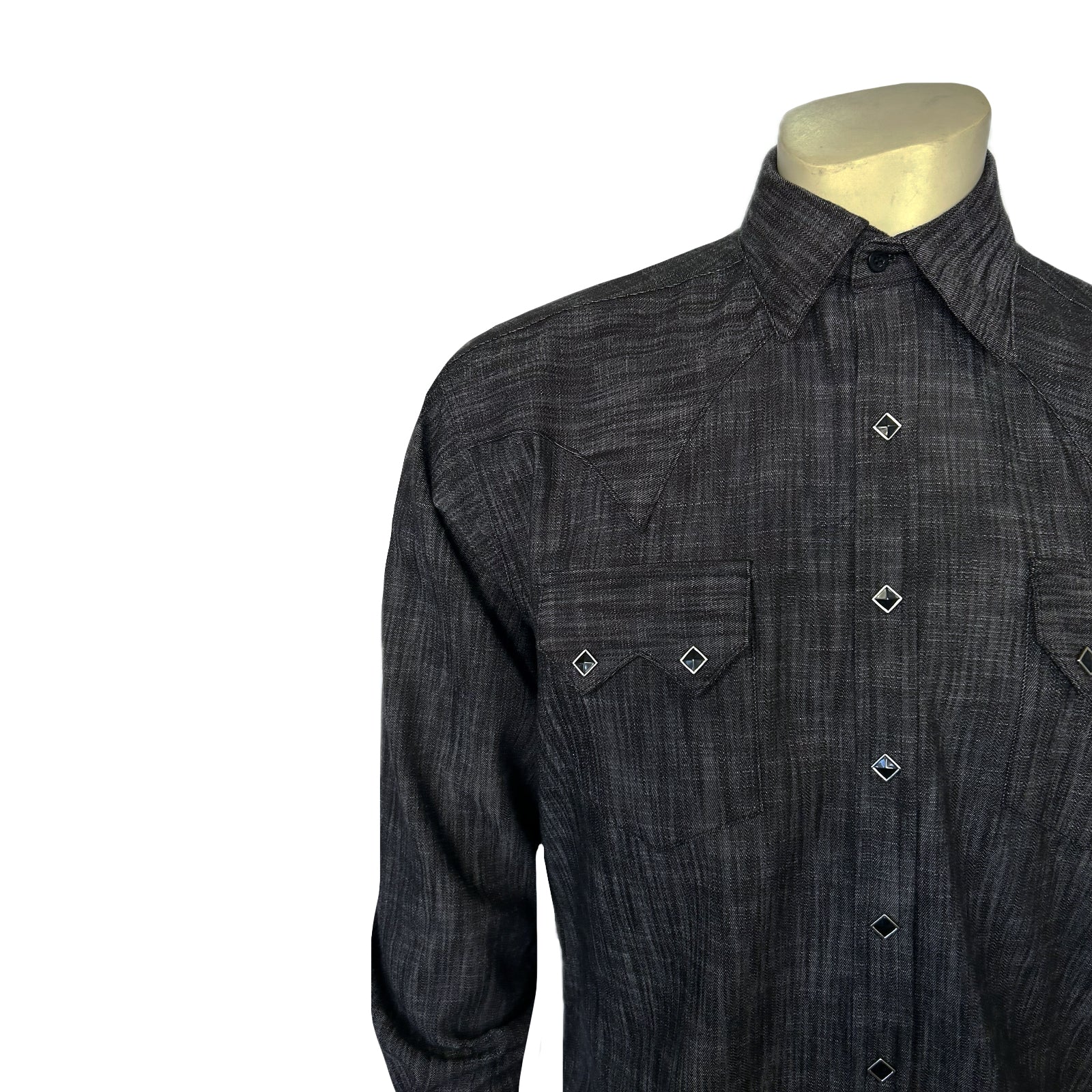 Men's Black Stonewashed Diamond Snap Denim Sawtooth Pocket Western Shirt