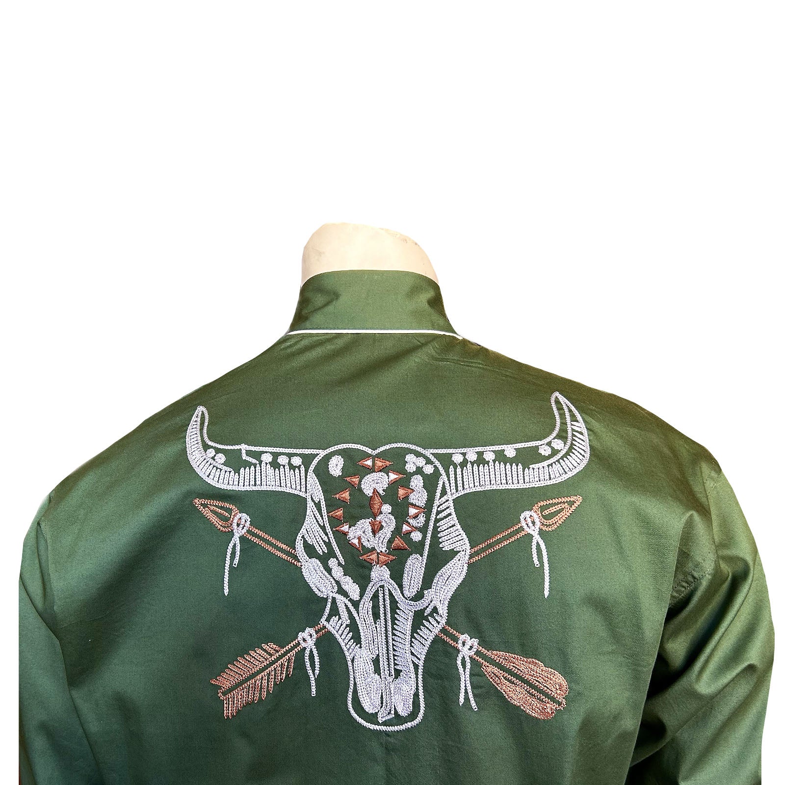 Men’s Vintage Green Steer Skull & Arrow Chain Stitch Embroidered Western Shirt