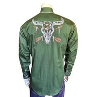 Men’s Vintage Green Steer Skull & Arrow Chain Stitch Embroidered Western Shirt