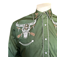 Men’s Vintage Green Steer Skull & Arrow Chain Stitch Embroidery Western Shirt