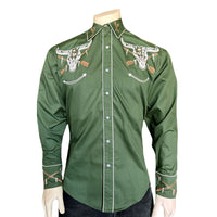 Men’s Vintage Green Steer Skull & Arrow Chain Stitch Embroidered Western Shirt
